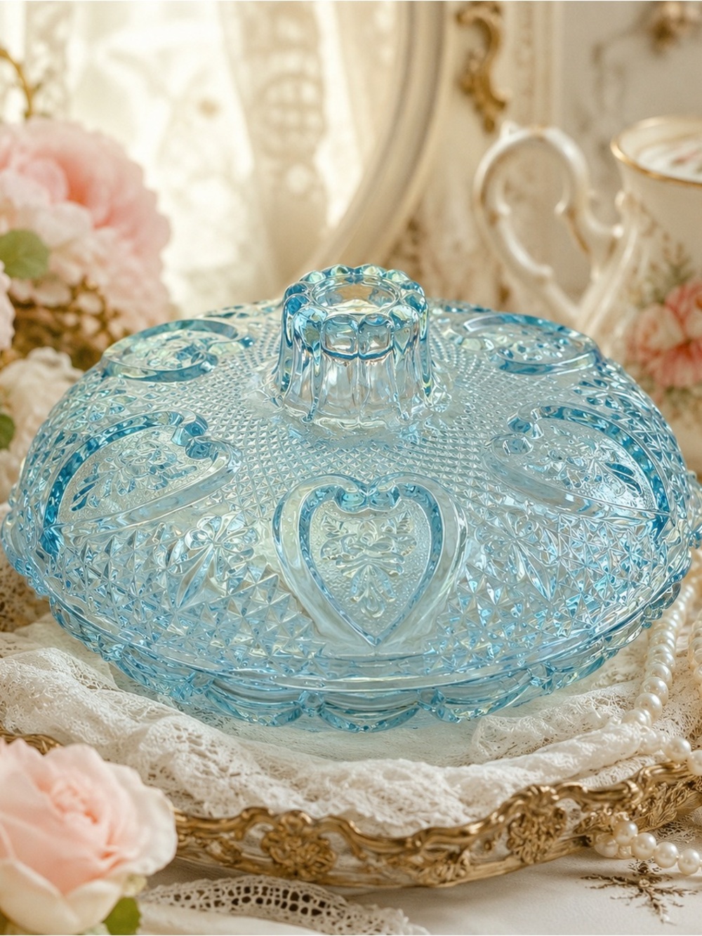 Vintage KIG Malaysia Blue Hearts & Roses Covered Candy Dish w Lid